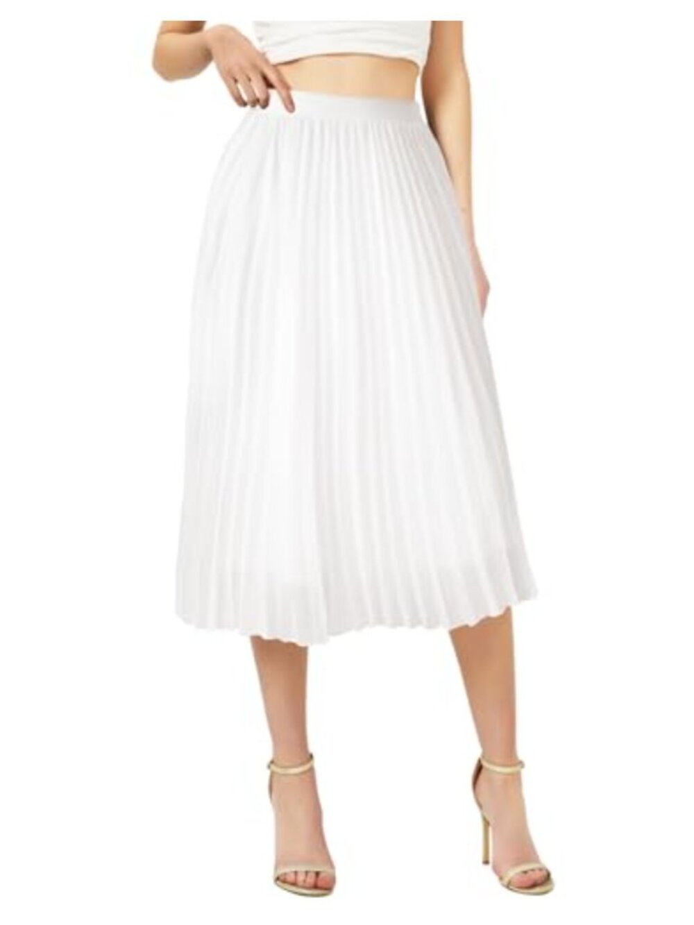 Women's Pleated Midi Skirt High Rise Elastic Waist A-Line Flared Casual Summer